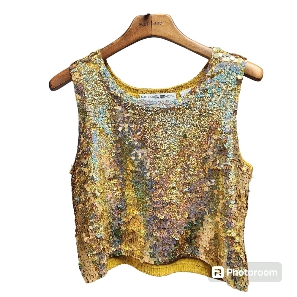 MICHAEL SIMON Top Size M Gold SEQUINS Totally Covered Fully Embellished Party